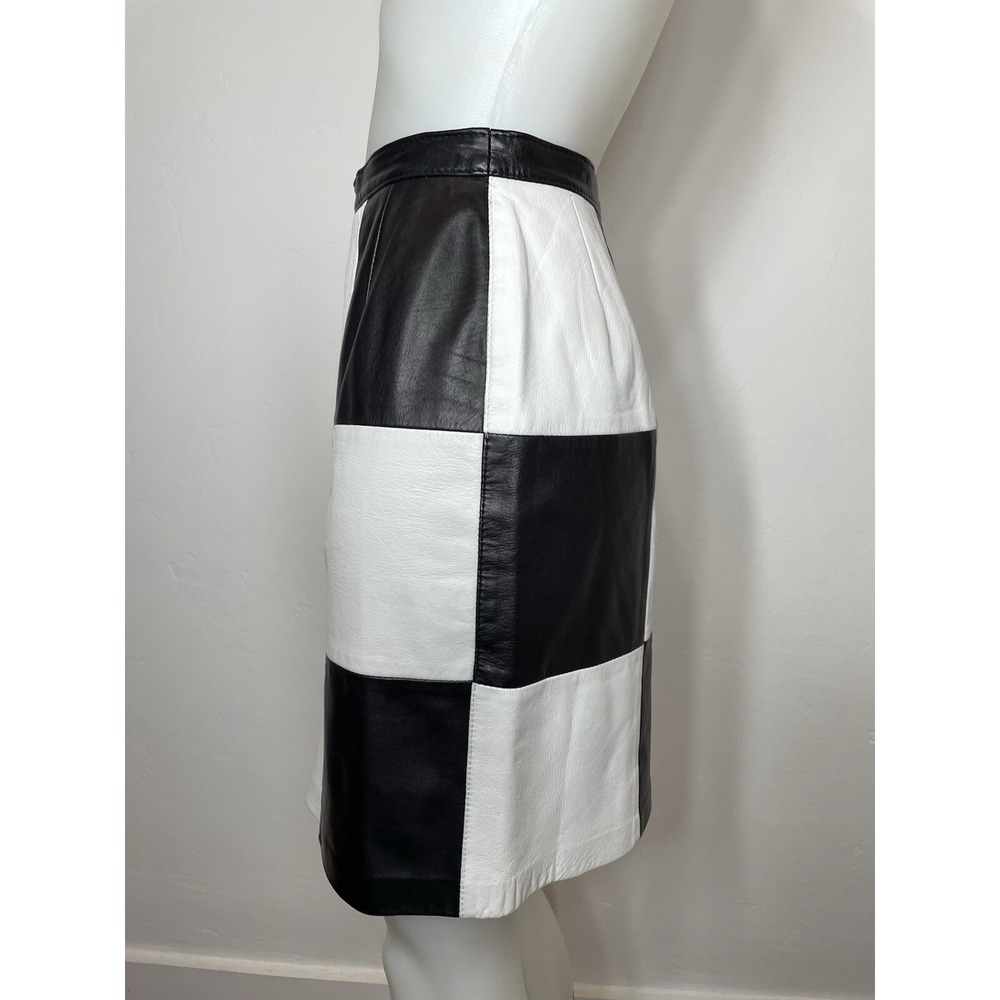 Vintage 90s Bagatelle Leather Checkered Mini Pencil Skirt Mod Retro Waist 27" - Picture 5 of 16
